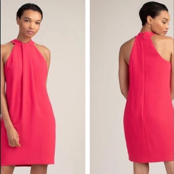 Trina Turk Grove Halter Mock Neck Pleated Shift Mini Dress in Bright Pink - Picture 1 of 7